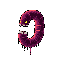 A menacing, worm-like creature shaped like a "0" dominates the scene with its sharp teeth and piercing yellow eyes. Dripping with a viscous fluid, this purplish-red monster exudes an aggressive and unsettling aura.