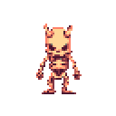 This pixel art features an angry, devilish skeleton with horns, rendered in a simple and spooky style. The character's stern expression and blocky design create a playful yet mischievous vibe.
