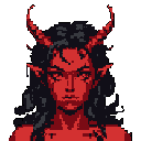 A striking pixel art portrait features a serious, demonic woman with red horns and intense eyes, her stoic expression hinting at hidden power. The high-contrast color palette emphasizes her otherworldly features against a stark black background.