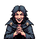 A sinister pixel art sorcerer grins wickedly, his fangs bared and eyes gleaming with malice. Adorned with skull details and claw-like fingernails, this villainous character exudes an ominous aura of dark magic.