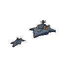 Two grey spacecraft face off in the cold void of space, the larger warship dominating the scene with bursts of orange, hinting at conflict. The smaller ship adds context to the somber, sci-fi setting.