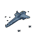 A blue-gray, wedge-shaped spaceship with illuminated windows cuts through the blackness of space, its angled perspective and classic design evoking a sense of science fiction adventure.