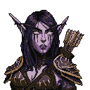 This pixel art portrait depicts a stoic dark elf archer with striking white eyes and melancholic streaks, adorned in intricate armor. Set against a black void, her sorrowful expression and fantasy details evoke a sense of tragic, ancient lore.
