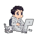 A chibi-style pixel art character sits surrounded by papers and a laptop, his furrowed brow and downturned mouth hinting at the stress of a challenging task. This monochromatic image captures the feeling of being overwhelmed by work or study.