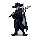 A spectral, blue-skinned figure in ornate dark attire, complete with a wide-brimmed hat and sword, confidently wields a wand. The mysterious character evokes a Western or fantasy feel with an ominous presence.