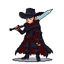 A lone, mysterious gunslinger with a glowing ice-blue sword and dark pistol stands ready. Clad in layered dark clothing and a wide-brimmed hat, this pixel art character exudes a sense of preparedness and potential danger.