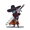 A cool and confident pixel art rogue, eyes glowing beneath a wide-brimmed hat, stands ready with a silver weapon and sword. The mysterious character's design blends retro aesthetics with a modern edge.