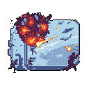 This pixel art depicts a chaotic scene of intense combat, with a large structure under heavy fire, explosions, and silhouetted figures engaged in battle. The limited color palette emphasizes the destruction and immediate danger of the scene.