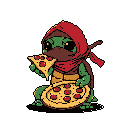 This pixel art depicts an adorable, ninja-esque turtle creature happily munching on a slice of pizza while cradling a whole pie. The charming character's focused enjoyment and vibrant color palette create a cute and humorous image.