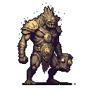 A menacing, muscular orc-like warrior with a spiked shoulder pad glares intensely, helmet in hand, ready for battle. The earthy-toned pixel art emphasizes the creature's raw power and threatening presence.