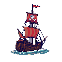 A pixelated pirate ship with red sails, emblazoned with a skull and crossbones, sails the blocky seas. The dark, textured ship cuts a striking figure against the stark black backdrop, evoking a sense of ominous adventure.