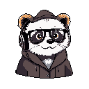 This pixel art portrait features a friendly ferret-like character with a calm expression, sporting a fedora, glasses, and headset. The stylish mustelid's attire and thoughtful gaze give off a cool, approachable vibe.