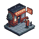 A pixel art detective in a reddish-brown trench coat examines a clue outside his office on a rainy, gray-paved street. The muted color palette and film noir style evoke a sense of mystery and suspense.