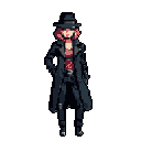 A cool, pixelated character with vibrant pink hair, clad in a dark trench coat and fedora, exudes a mysterious confidence. The figure's relaxed posture and subtle smile hint at a captivating story within the noir-inspired design.