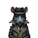 This pixel art image features a bipedal rat detective in a fedora and trench coat, staring intensely forward with a gritty noir vibe. The close-up portrait, rendered in muted tones, gives the character a mysterious and slightly unsettling presence.
