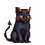 A darkly stylized pixel art cat with glowing eyes and demonic features sits against a black void, radiating an ominous yet captivating presence. The fiery details and intense gaze give this creature a mischievous and powerful aura.