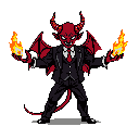 This pixel art features a stylish, anthropomorphic devil in a suit, holding flickering flames with a mischievous yet formal vibe. The retro-style devil, complete with red skin, horns, and bat wings, stands out against a dark backdrop.