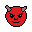This pixel art showcases a mischievous red demon face with sharp eyes and a subtle smirk. The simple design and limited palette evoke a nostalgic, playfully sinister vibe.