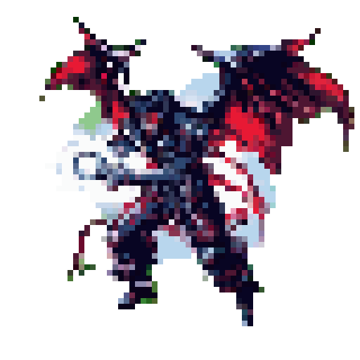 A powerful, retro-style pixel art demon stands ready for battle, wings spread wide and weapon in hand, exuding an ominous and aggressive aura.