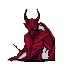 This pixel art depicts a seated, devilish creature with piercing yellow eyes, gazing with subtle menace. Adorned with curved horns and dark garments, the ominous figure seems deep in thought or plotting in the void.