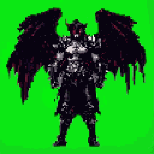 A heavily armored, horned demon or dark angel with tattered wings stands menacingly, its red accents hinting at malevolence. The figure's imposing presence is amplified by the stark contrast against a bright green background.