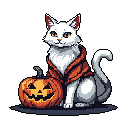 A pixelated white cat, adorned with a festive orange and black shawl, sits calmly beside a glowing jack-o'-lantern. The charming image evokes a whimsical Halloween mood.