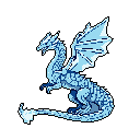 A powerful, blue-toned ice dragon is captured mid-roar in this striking pixel art, its coiled body hinting at immense, latent power. The skeletal wings and frosty plume emanating from its tail add to the creature's mythical grandeur.