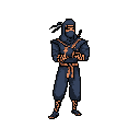 A poised pixel art ninja stands ready for action, clad in a dark blue-purple suit with orange-brown accents. The mysterious figure exudes strength with crossed arms and a confident stance.