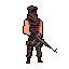 A lone, camouflaged figure stands armed with two rifles, their back turned to the viewer, suggesting a tense and stealthy readiness.