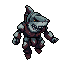 A menacing, heavily armored shark-cyborg stands ready, its pixelated plating and narrowed orange eye conveying aggression. This dark sci-fi creature dominates the frame with its gritty design and foreboding presence.