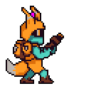 A futuristic, fox-like character with turquoise accents and antenna-topped headgear stands ready for action! This pixel art hero sports a backpack and wields a striped weapon, poised in a crouched stance with a determined look.