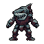 A menacing, armored shark-like warrior stands ready, its sharp teeth and intense orange eyes hinting at power and aggression. This pixel art portrait captures the creature's imposing presence with a dark, muted color scheme.