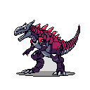 A pixelated, dragon-like monster snarls in profile, its purple and gray body accented by vibrant red spines. The creature's design blends organic and mechanical elements for a futuristic yet primal feel.