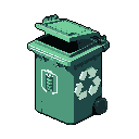 This pixel art depicts a teal recycling bin with battery and recycling symbols, presented in a clean, isometric style. The open bin, rendered in a muted palette, evokes a retro, utilitarian feel.