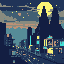 This pixel art captures the tranquil mystery of a nighttime city, where silhouetted skyscrapers meet a vibrant, softly lit streetscape under a bright moon and starry sky.