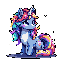 This pixel art features an adorable periwinkle unicorn with a rainbow mane, resting serenely against a stark black background. Its gentle expression and vibrant colors create a whimsical and magical feel.