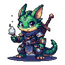 A cute, armored dragon-like character stands calmly against a black backdrop, holding a small flame that emits sparks. This gentle fantasy explorer, with a sword on its back and a friendly smile, evokes a sense of peaceful adventure.