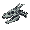 A haunting pixel art image showcases a highly detailed dragon skull in grayscale, its open jaws and hollow eyes conveying a sense of ancient power and decay. The monochromatic design emphasizes the skeletal form against a stark black background.