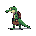 This pixel art depicts a determined, anthropomorphic crocodile adventurer in profile. Dressed in travel gear and rendered in earthy tones, the character evokes a sense of classic video game quests and readiness.