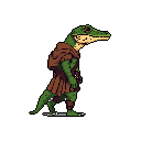 A pixelated, bipedal alligator-like creature stands ready for adventure, clad in simple armor and a cloak. The character's watchful expression and forward-leaning pose suggest a journey ahead.