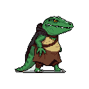 This pixel art depicts a stern, reptilian humanoid in earthy tones, clad in adventurer's garb and poised with a piercing gaze. The character's rugged appearance and fantasy-inspired design evoke a sense of classic RPG nostalgia.