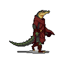 This pixel art depicts a stoic, bipedal crocodile-like character clad in crimson and terracotta robes. With a relaxed yet alert stance, the detailed design evokes a seasoned traveler or mysterious guardian.