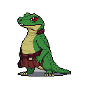 A contemplative, green reptilian character with striking red eyes stands poised against a stark black background. This pixel art figure, adorned with simple garments, evokes a classic RPG sprite with a touch of intriguing personality.