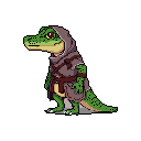 A pixelated, upright alligator-like creature stands alert in a hooded tunic, gazing intently to the left. This adventurer evokes a sense of quiet curiosity and readiness for a journey.
