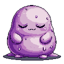 This pixel art depicts an adorable, blob-like creature with a melancholic expression, its hunched posture and downcast eyes conveying a sense of quiet sadness. The purple, textured form is softly highlighted against a stark black background, emphasizing its endearing vulnerability.