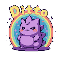 This pixel art features a grumpy, lavender, dinosaur-like creature with a single horn, set against a rainbow and starry sky. Despite the cute, pastel color palette and playful "Ditto" text, this little guy clearly isn't amused.
