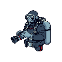 A pixel art scuba diver, rendered in cool blue-grays with striking red accents, is intently focused on operating an underwater camera. The dark background enhances the diver's concentration and the detailed depiction of their gear.