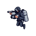 A pixel art special forces operative, clad in tactical gear and wielding a large firearm, advances with focused intensity. The dark, muted color palette and dynamic pose evoke a sense of readiness and action.