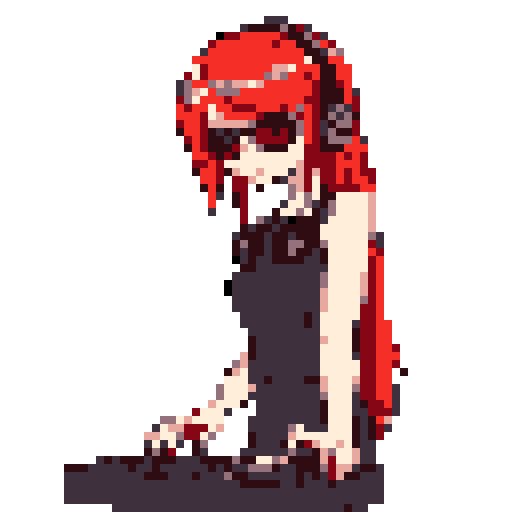 A cool, red-haired DJ in sunglasses leans forward, lost in the music as she works her minimalist pixel art deck. The limited palette and slightly melancholic vibe capture the focused intensity of a DJ in action.