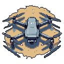 A pixel art image showcases a modern blue-gray quadcopter drone resting on a tan sandy patch, its symmetrical posture and detailed shading creating a sense of technological sophistication.